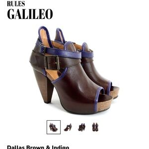 John Fluevog Brown and Indigo Leather Peep-Toe Heels -Galileo, Rules